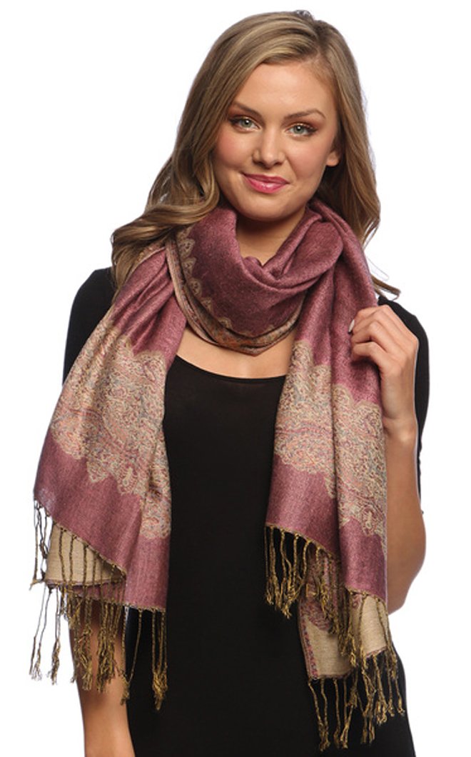Elegant reversible jacquard paisley shawl wrap pashmina in baby pink and light gold.