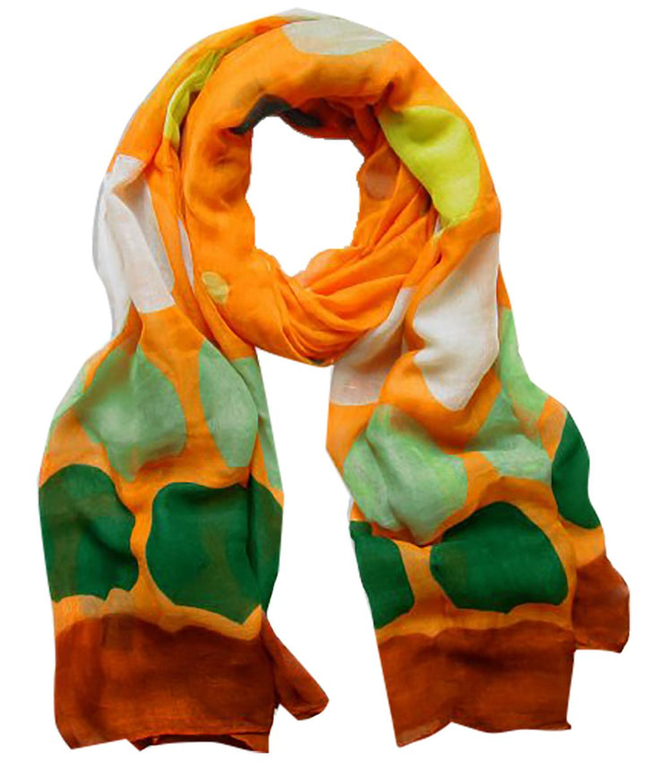 Playful modern multicolored polka dot scarf and wrap with orange accents for women.