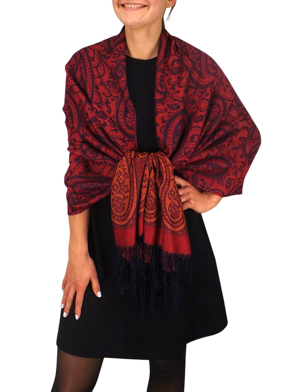Elegant vintage cranberry and navy jacquard paisley pashmina shawl wrap with intricate floral patterns and fringe.