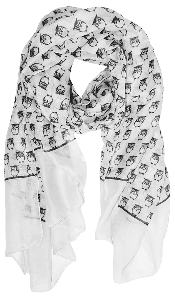Lightweight soft white shawl featuring a repeating animal owl print pattern for women