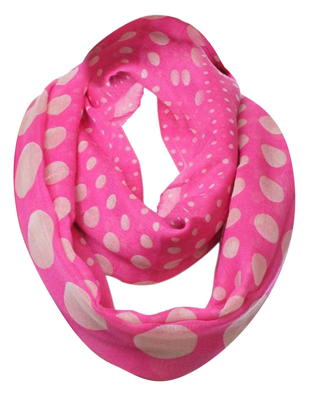 Vibrant fuchsia vintage infinity loop scarf featuring a multicolored classic bright polka dot print.