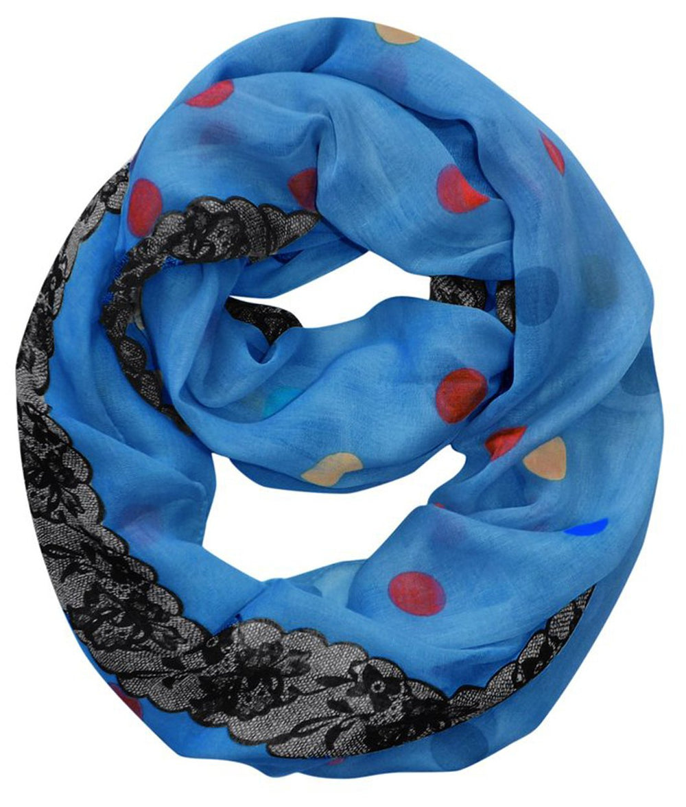 Blue and pink floral graphic print infinity loop scarf with white polka dots.