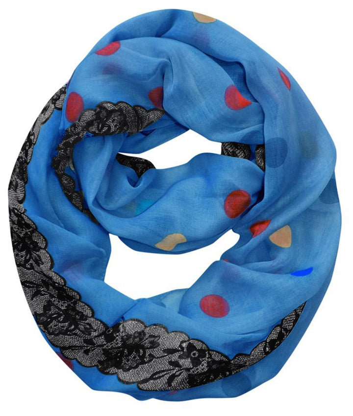 Blue and pink floral graphic print infinity loop scarf with white polka dots.