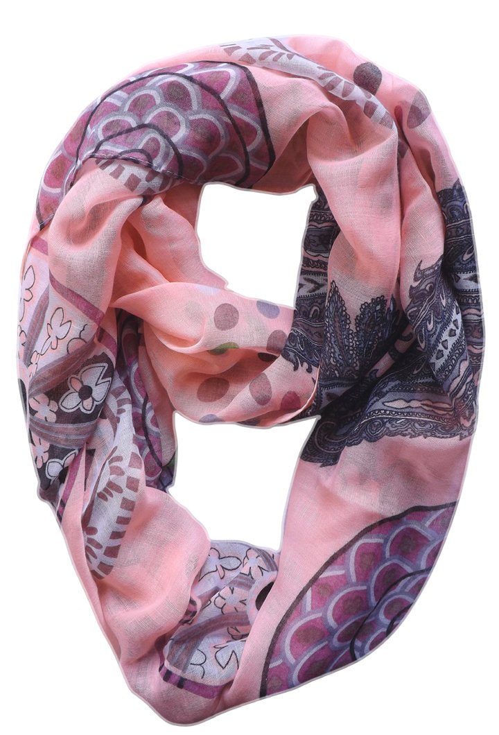 Vivid and Lively Lightweight Paisley Damask Infinity Loop Scarf (Pink)