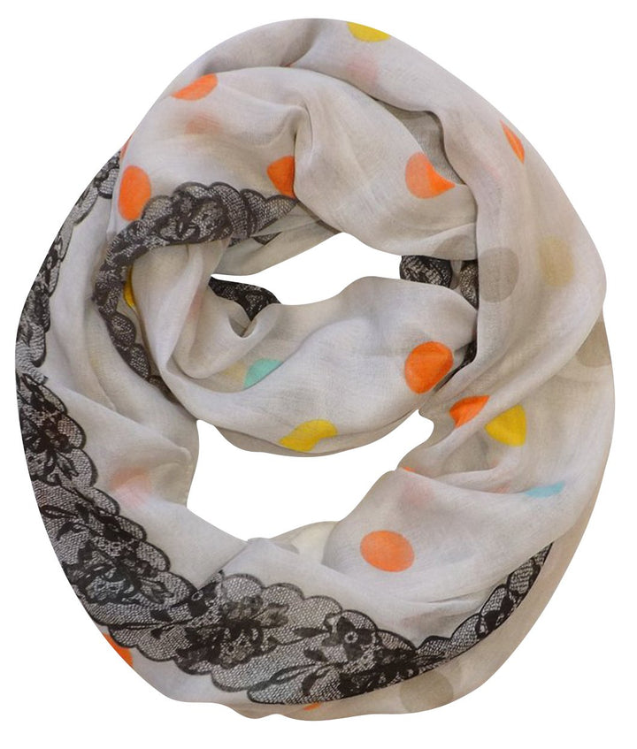 Lightweight ivory infinity loop scarf featuring a vintage floral graphic and classic polka dot print.