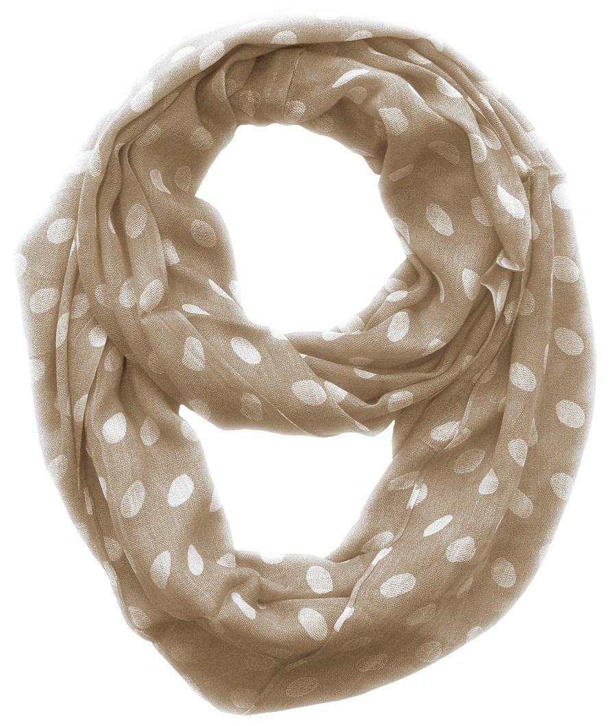 Light and sheer taupe and white polka dot infinity loop circle scarf for women.