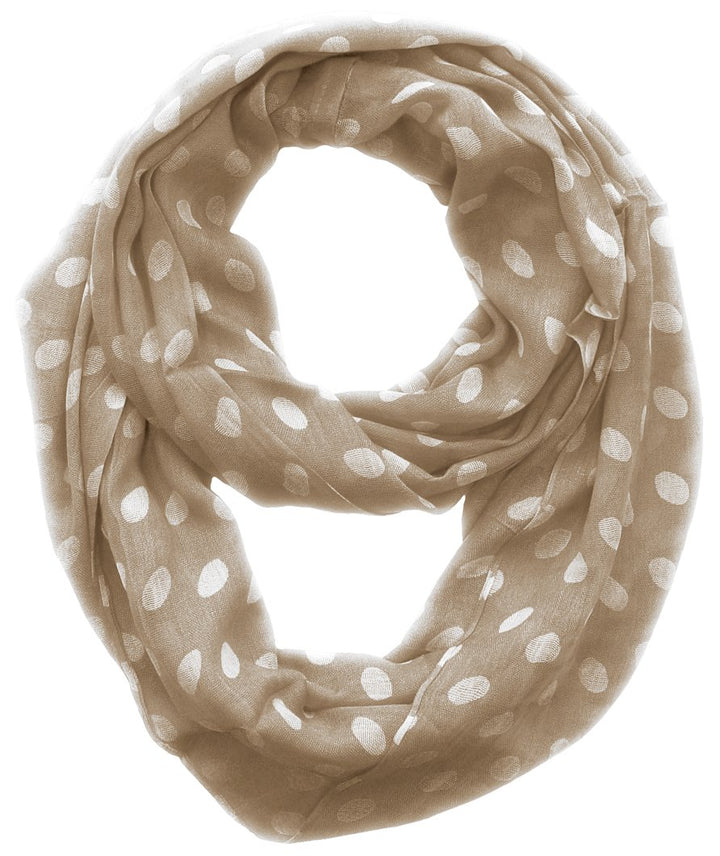 Light and sheer taupe and white polka dot infinity loop circle scarf for women.