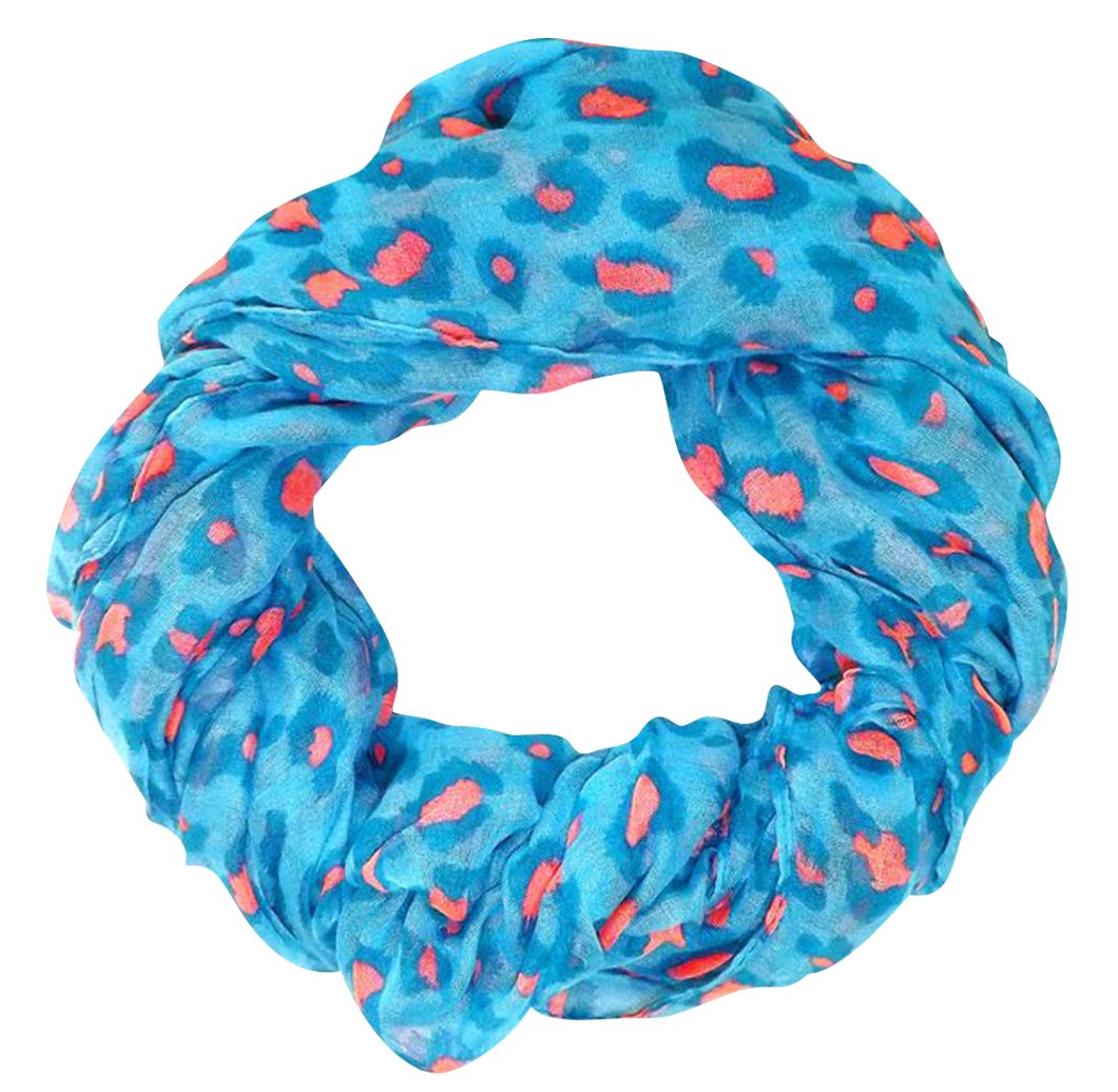 Retro animal print infinity loop scarf in vibrant turquoise and pink shades for women