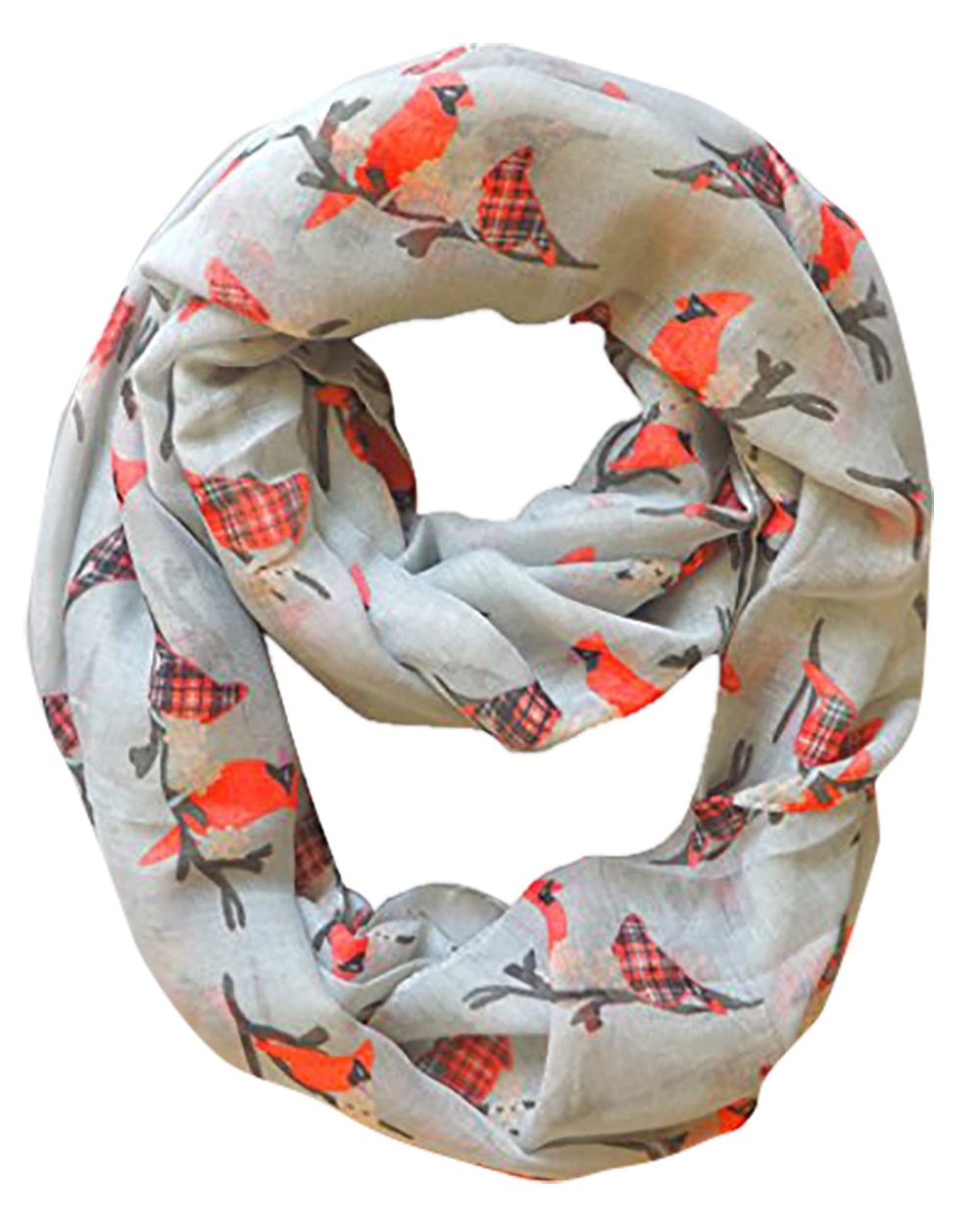 Lightweight grey infinity loop scarf featuring a vintage-inspired two-colored bird print pattern.