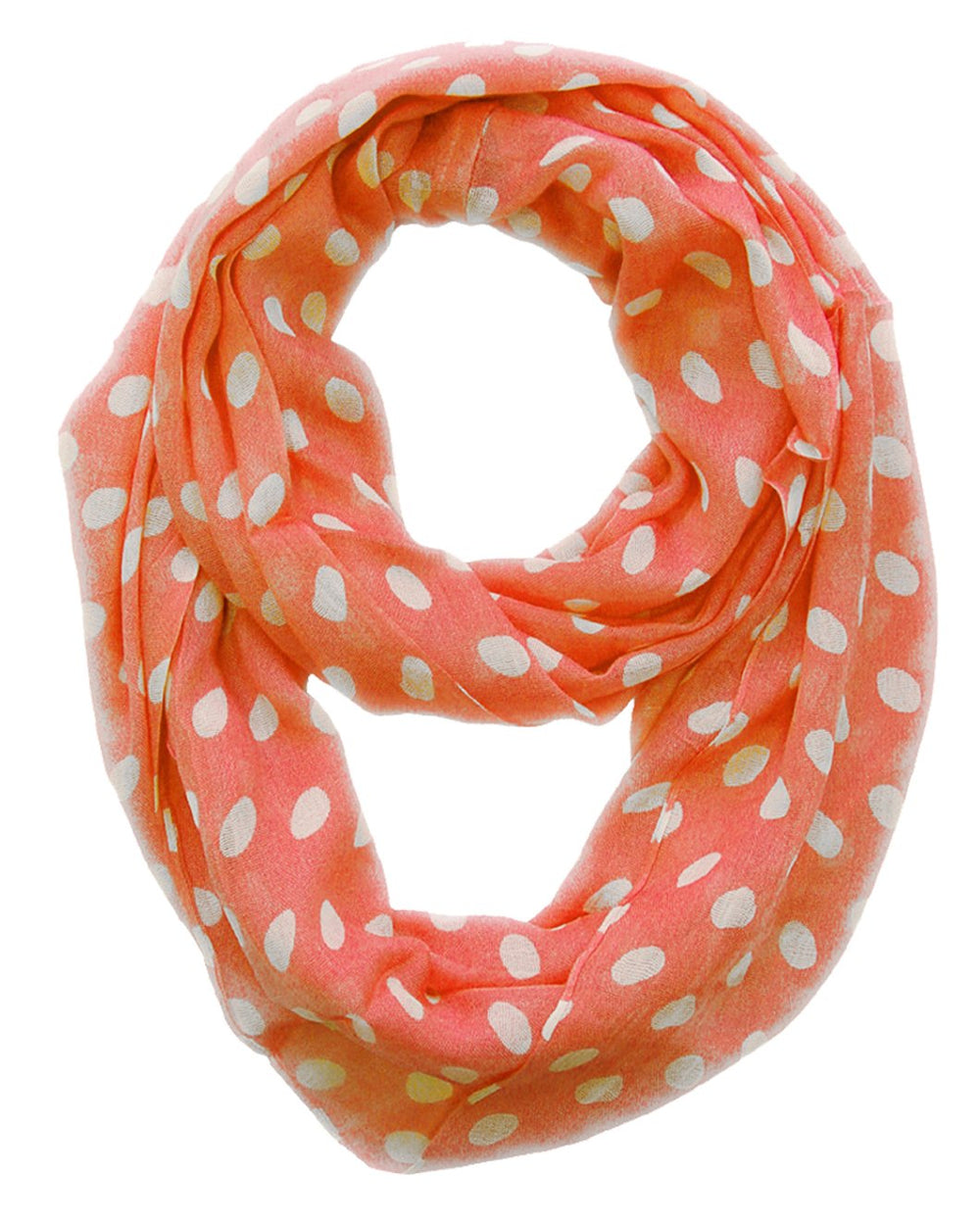 Light and sheer coral and cream polka dot circle print infinity loop scarf for women.