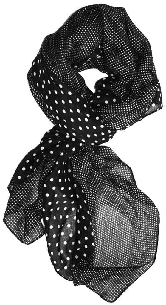 Lightweight black and white polka dot pashmina scarf and wrap with a decorative dotted border.