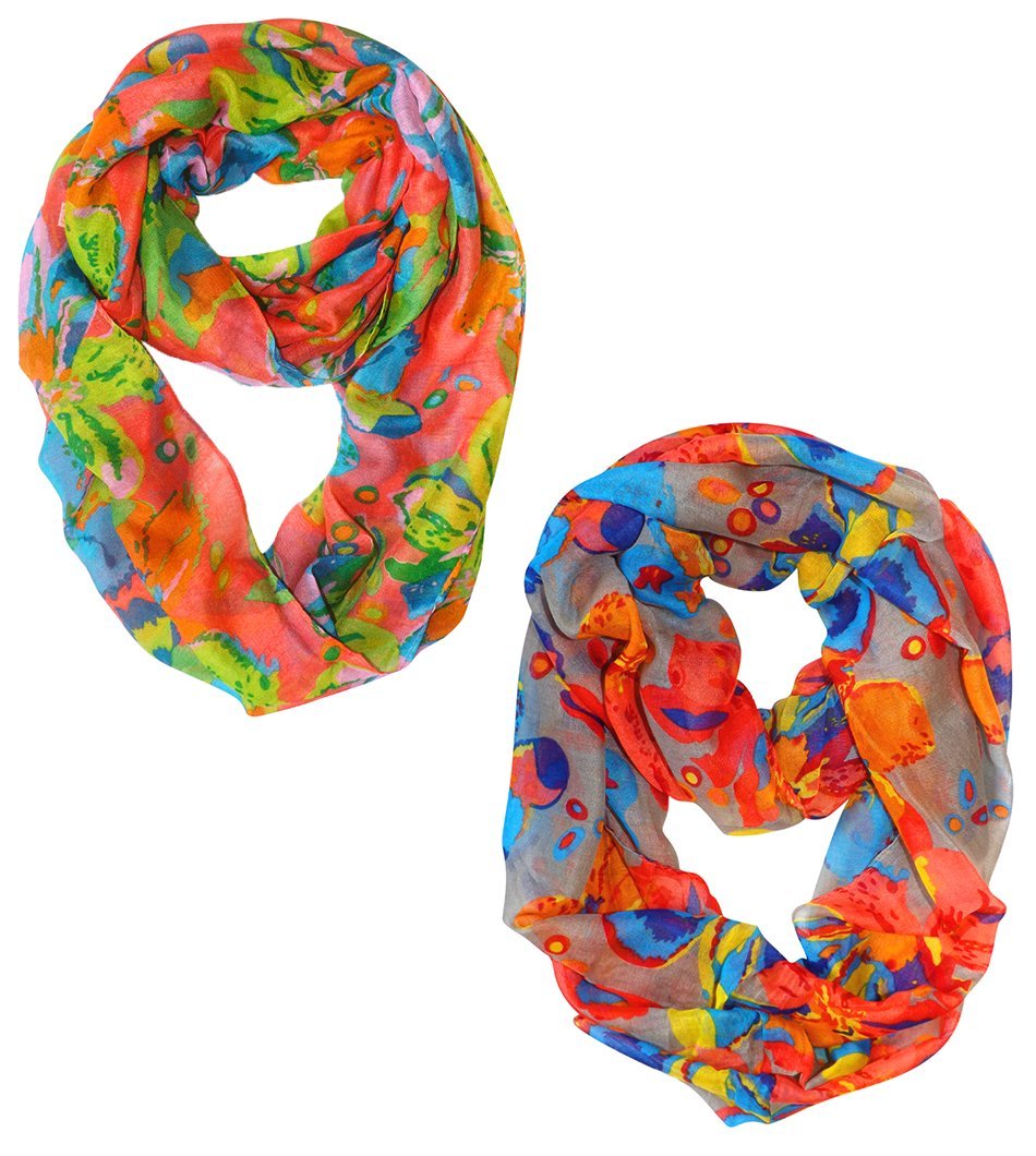 Peach Couture Paint The Town Red Cherry Blossom Floral Print Infinity loop Scarves 2 Pack Coral & Grey