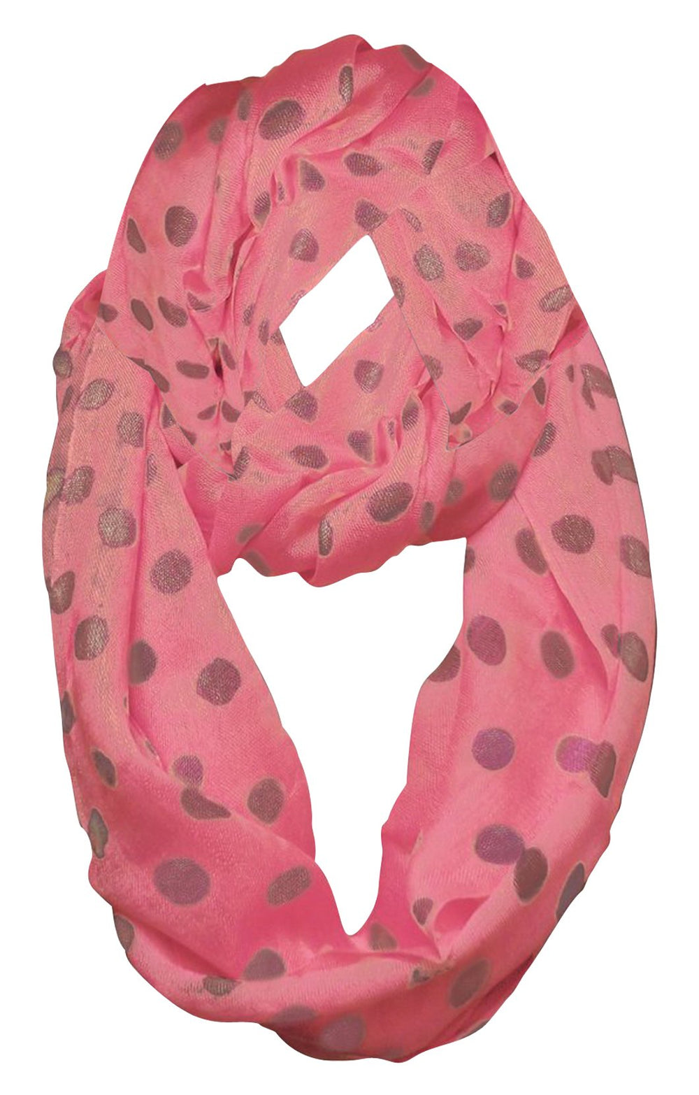 Light and sheer pink and dark grey polka dot circle print infinity loop scarf for women.
