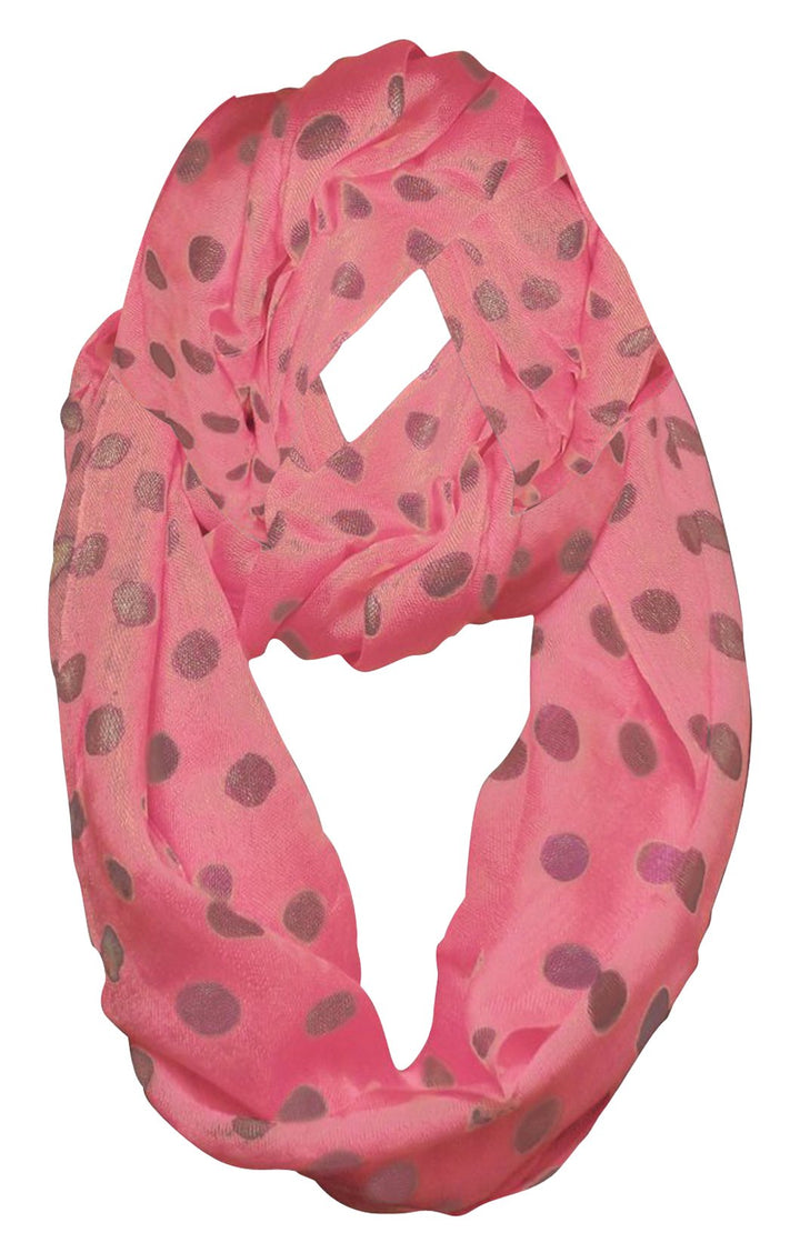 Light and sheer pink and dark grey polka dot circle print infinity loop scarf for women.