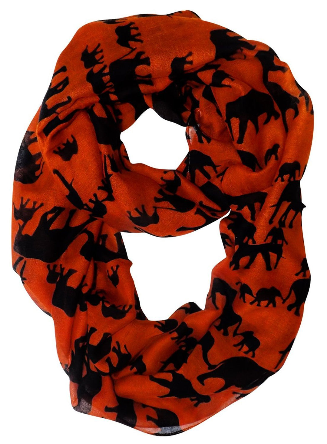 Artsy burnt orange infinity loop scarf featuring a white elephant animal print pattern for women