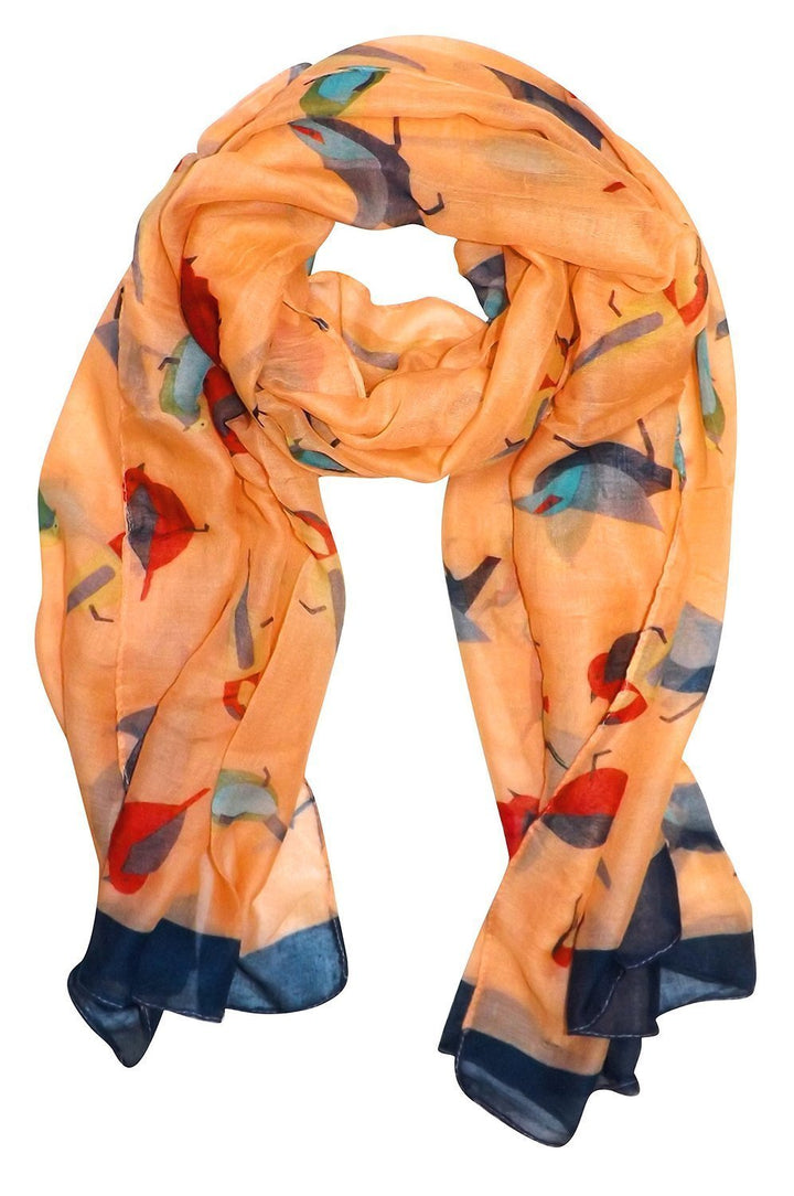 Lightweight vintage graphic finch bird print scarf in tangerine orange for women