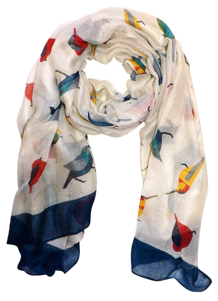 Lightweight cream vintage-style scarf featuring a colorful finch bird and floral graphic print.