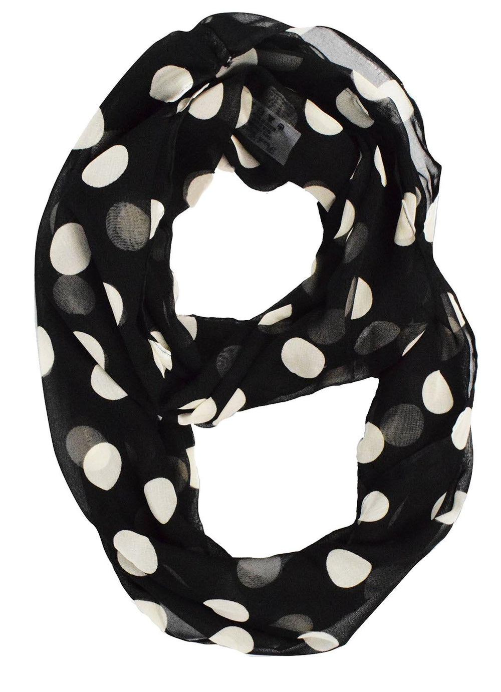 Light and sheer polka dot circle print infinity loop scarf in black and beige.