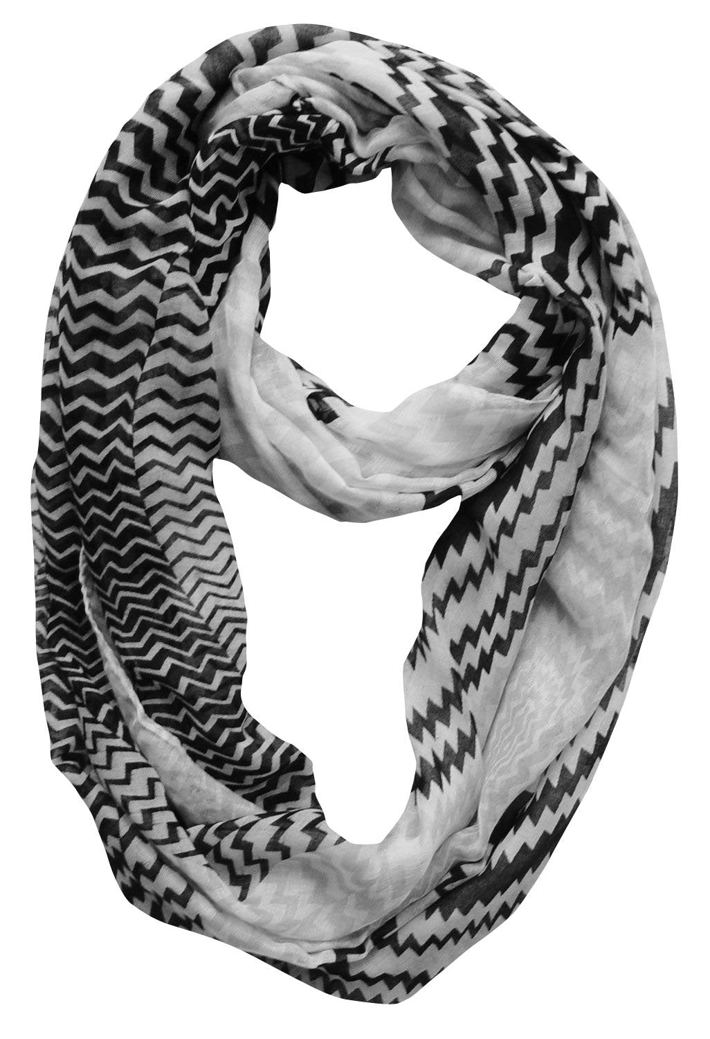 Modern Swirl Zig Zag Chevron Tri Color Infinity Loop Scarf (Black-White)