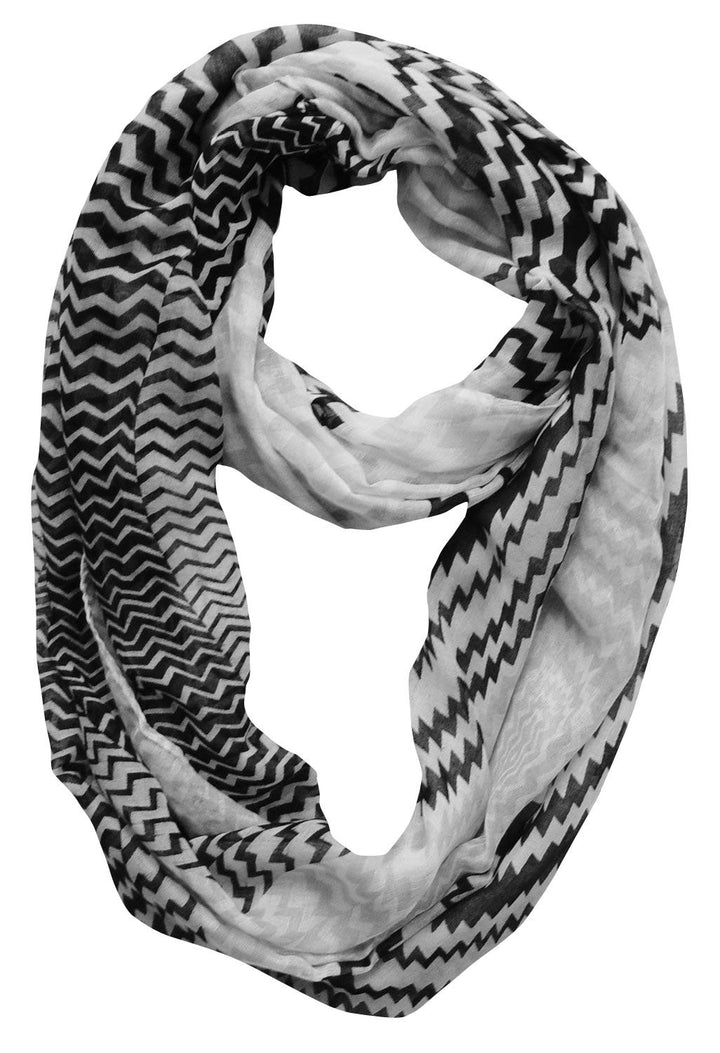 Modern Swirl Zig Zag Chevron Tri Color Infinity Loop Scarf (Black-White)