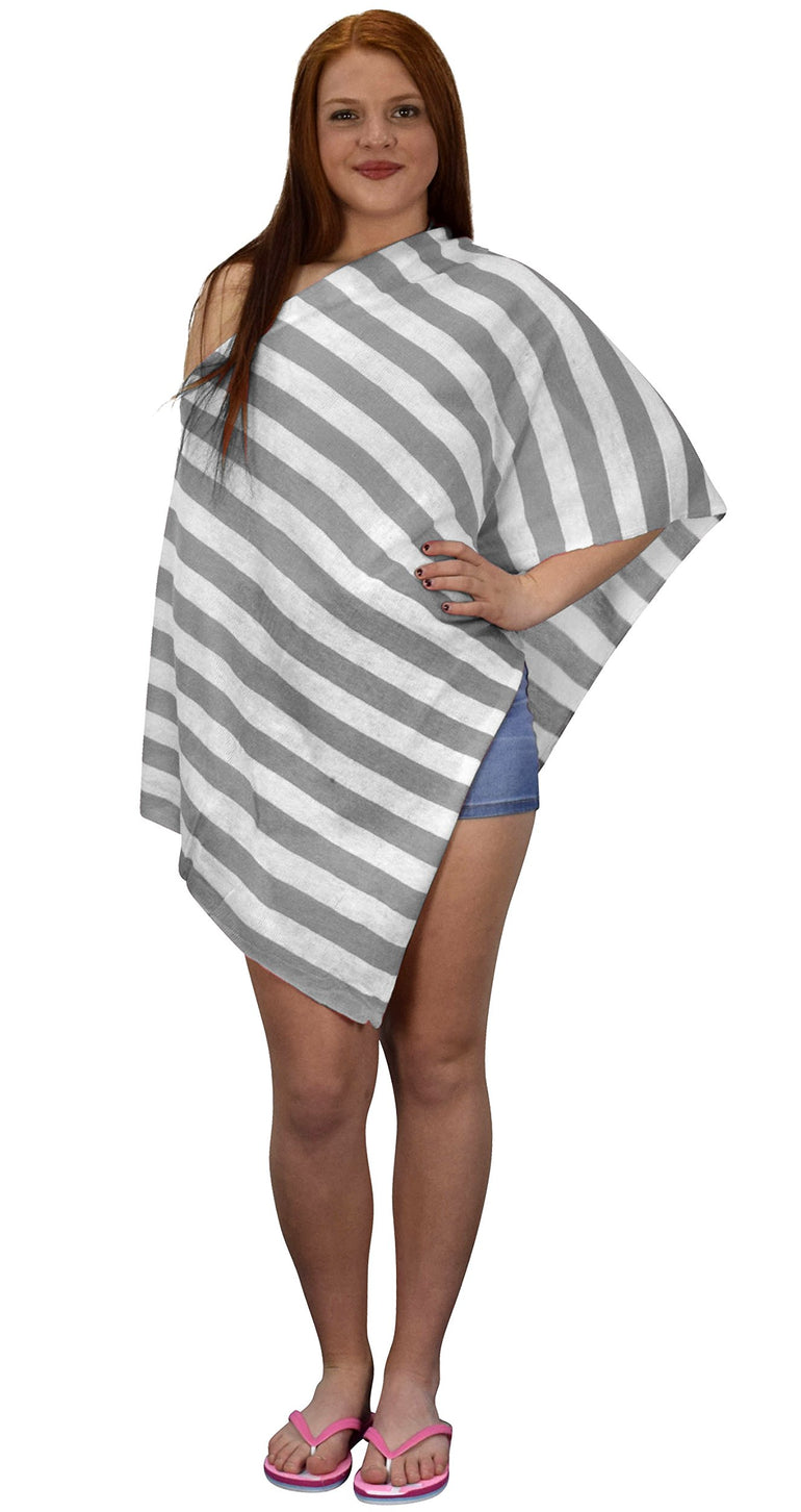 Womens Boho Tunic Colorful Knit Poncho Cape Soft Striped Beach Cover up Silver