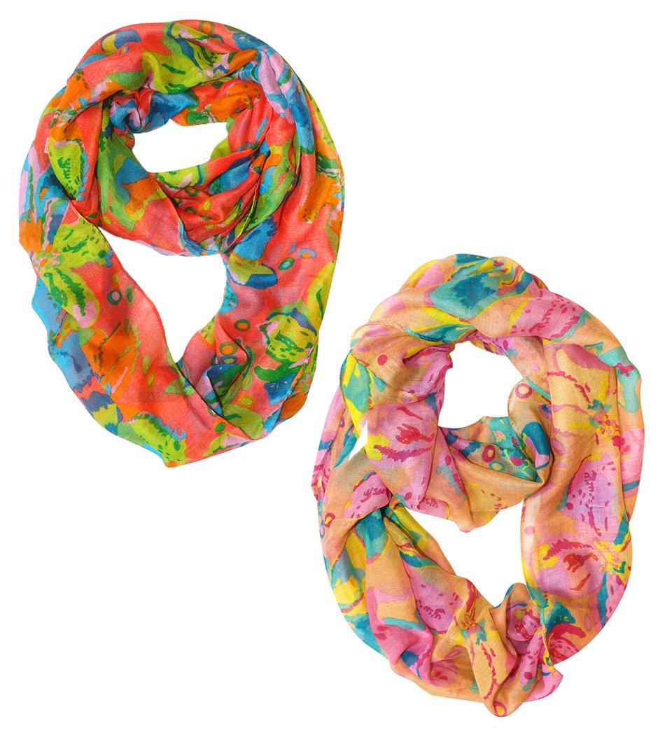 Peach Couture Paint The Town Red Cherry Blossom Floral Print Infinity loop Scarves 2 Pack Coral & Tan