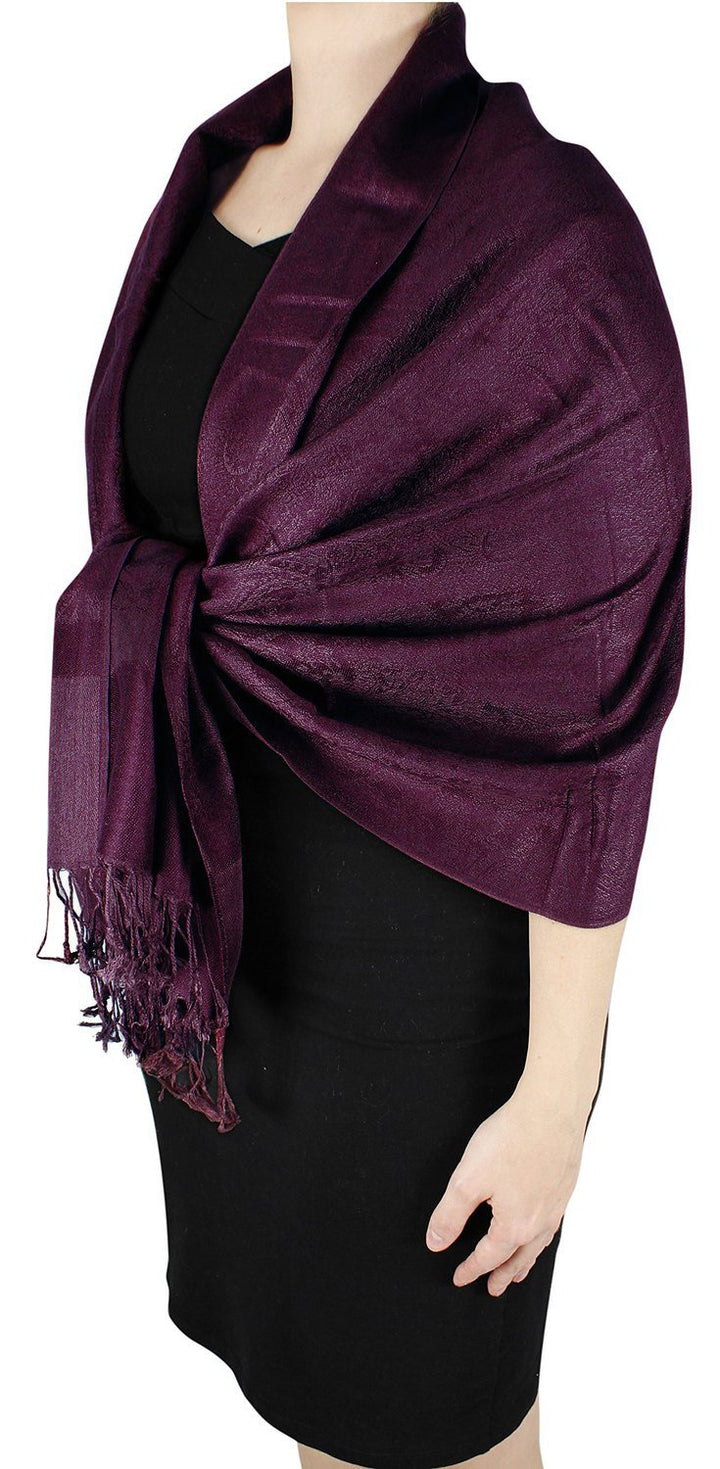 Elegant wine red double layer jacquard paisley pashmina shawl wrap with intricate floral patterns and fringe tassels.