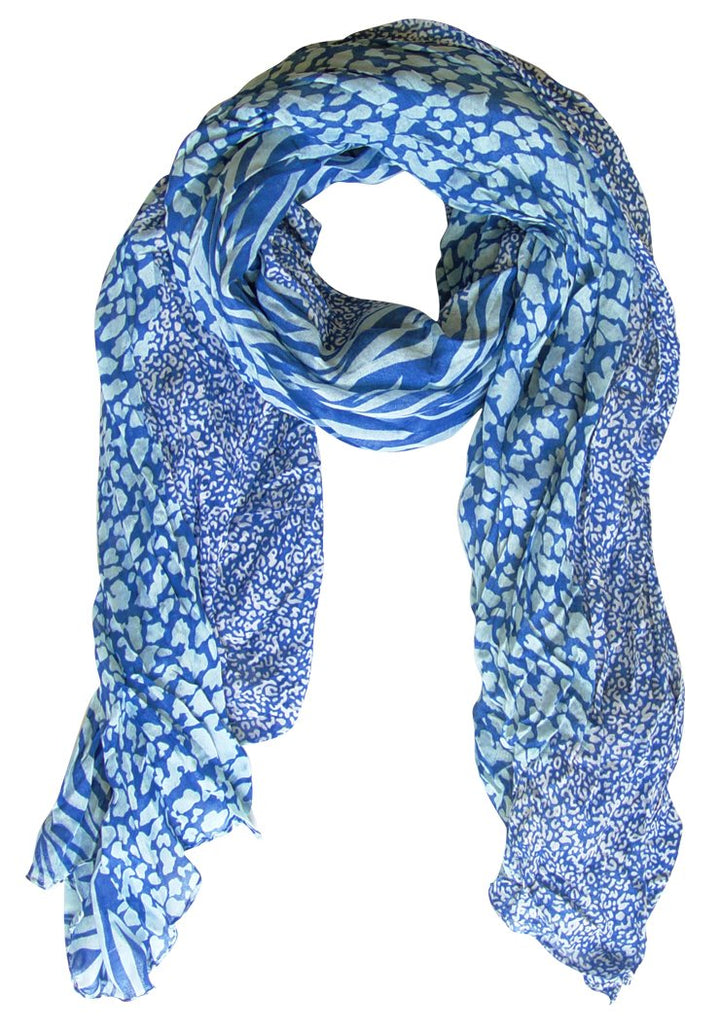 Retro zebra and leopard mix animal print crinkle scarf wrap in blue and white for all seasons