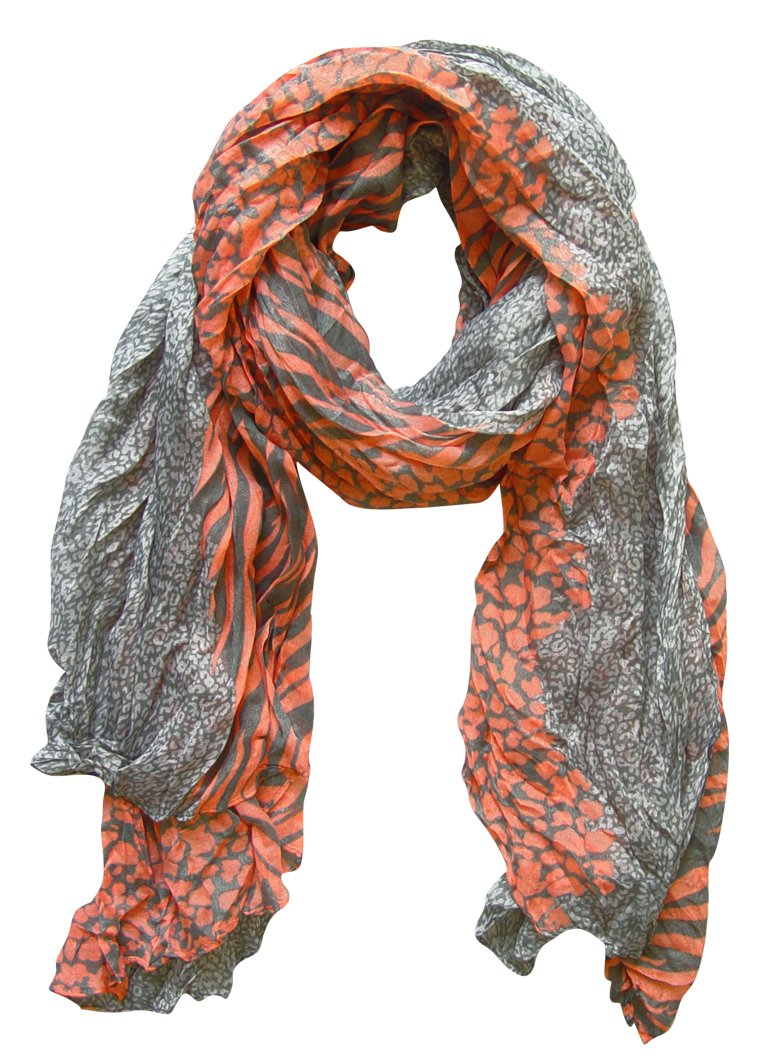 Lightweight all-season crinkle scarf featuring a retro mix of grey and salmon zebra and leopard animal prints.