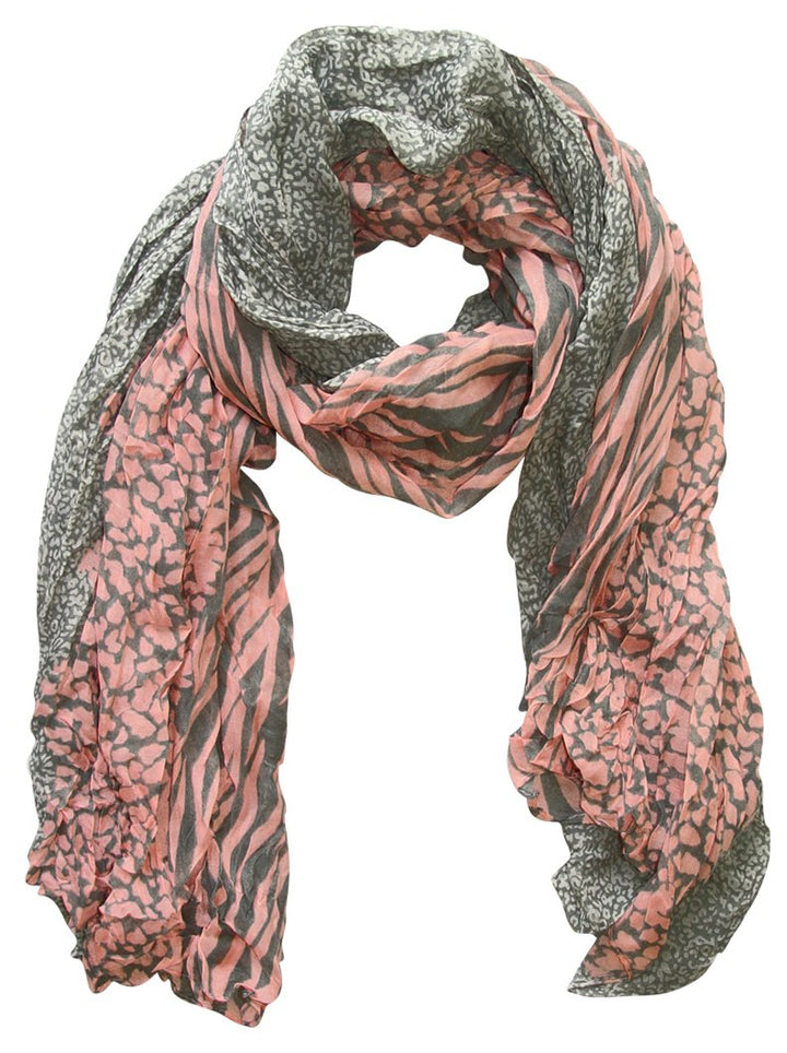 All seasons retro zebra and leopard mix animal print crinkle scarf wrap in grey and pink