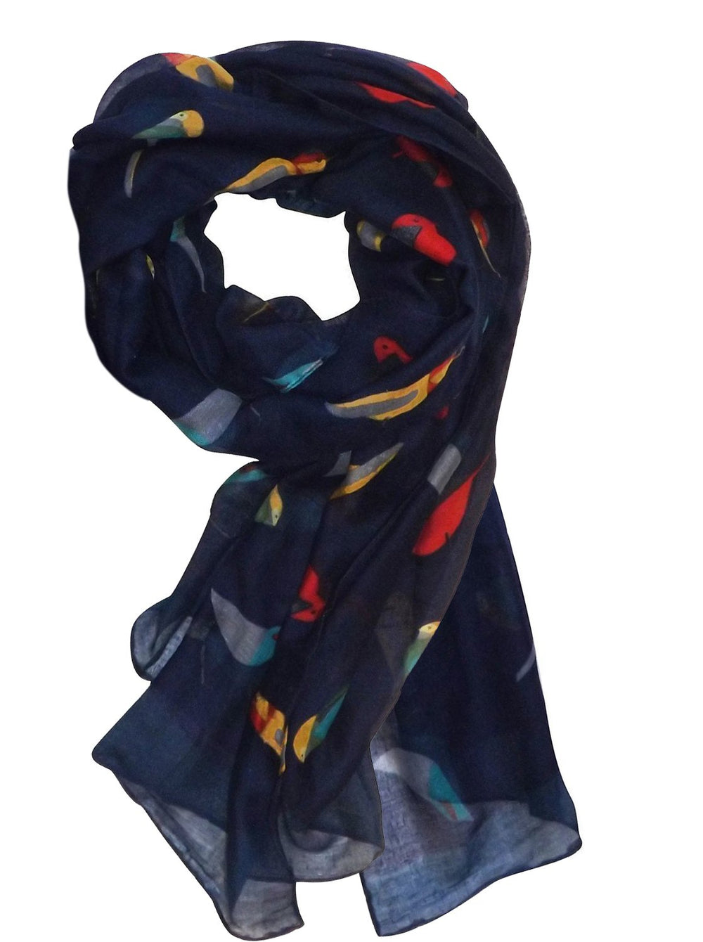 Multicolor graphic design lightweight summer and fall scarf with navy blue bird print pattern for women