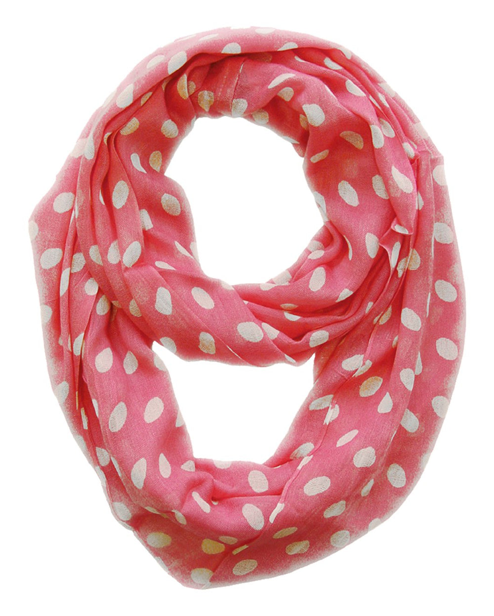 Light and sheer baby pink infinity loop scarf featuring an ivory polka dot circle print for women.