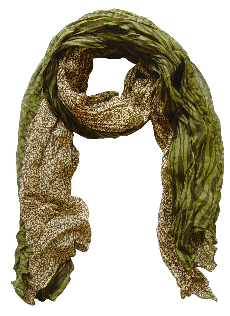 Retro zebra and leopard mix animal print crinkle scarf wrap in cream and green for all seasons