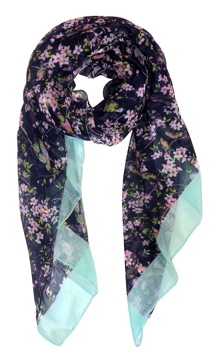 Vintage floral blossom hummingbird print sheer scarf in navy blue for women