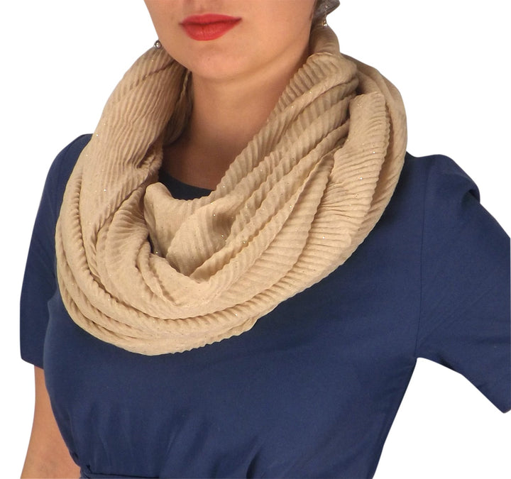Beige lightweight sheer shimmering crinkled pattern infinity loop scarf for elegant style.
