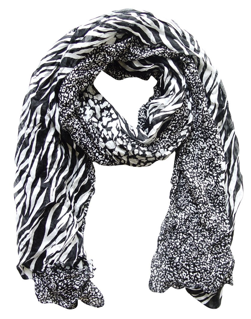 Black and white zebra and leopard animal print crinkle scarf wrap for all seasons