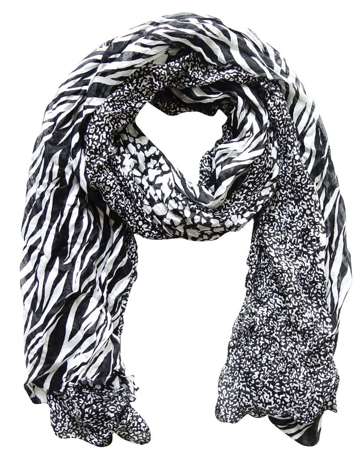 Black and white zebra and leopard animal print crinkle scarf wrap for all seasons
