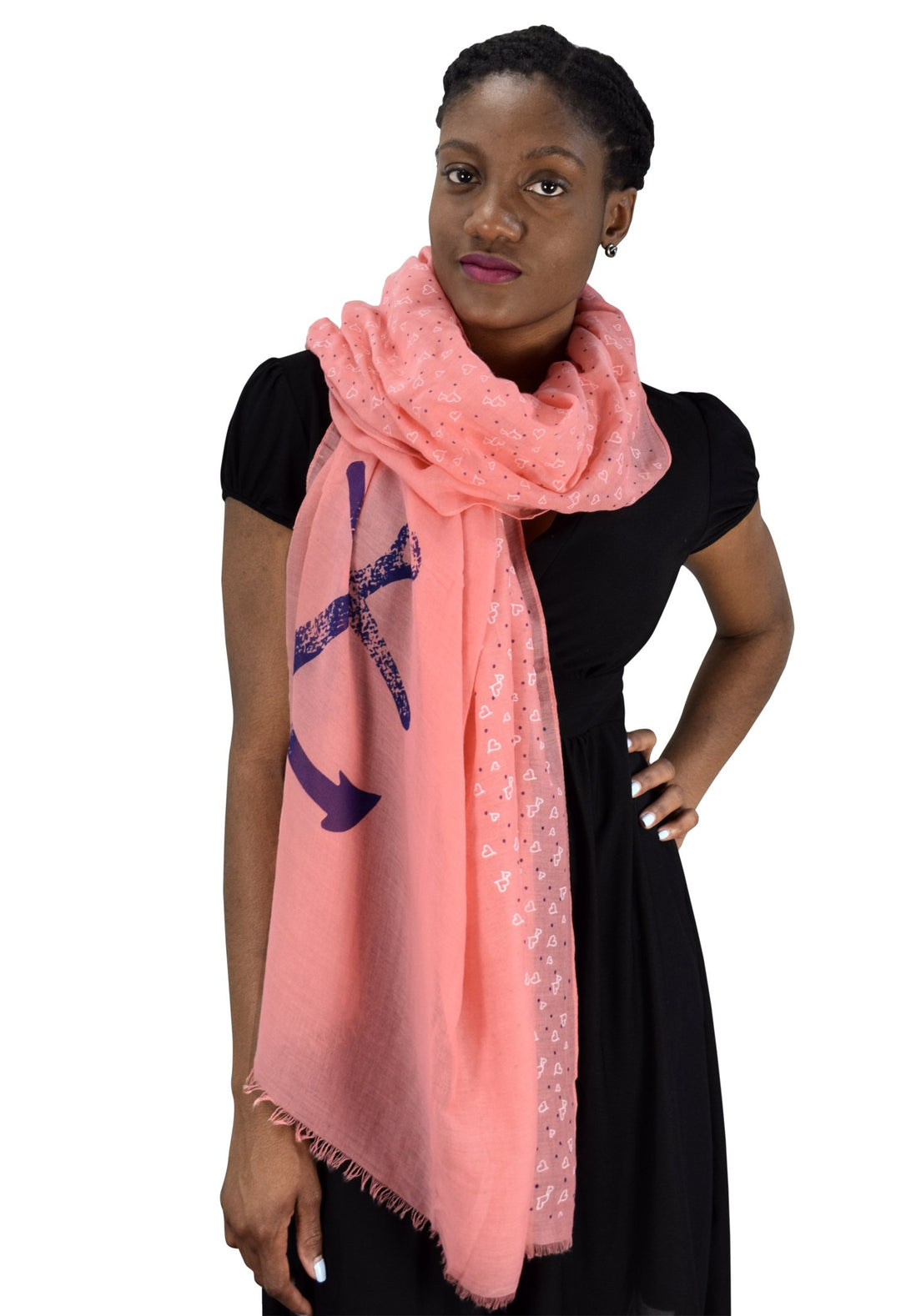 Peach Couture Nautical Anchor and Dainty Heart Print Light weight Summer Scarf Coral