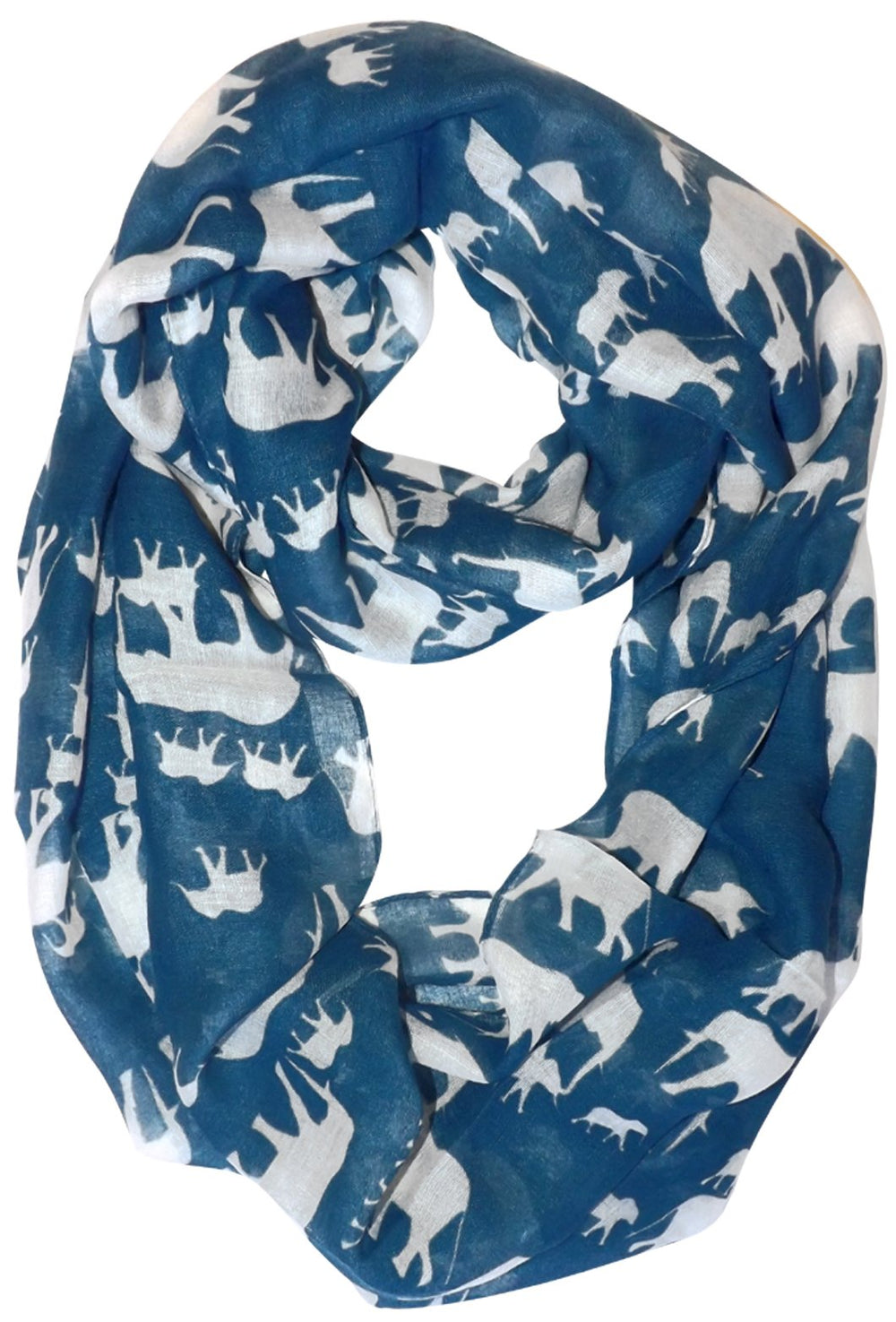 Artsy elephant and flower animal print infinity loop double wrap scarf in blue and white
