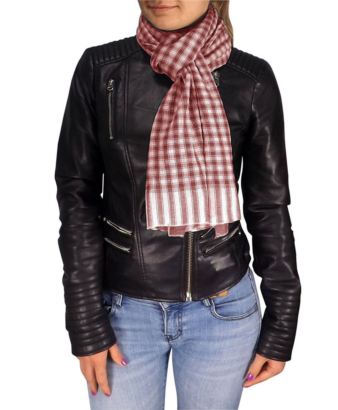 Peach Couture Unisex Stylish Checkered Plaid Crinkled All Season Cotton Scarf Wrap (Maroon)