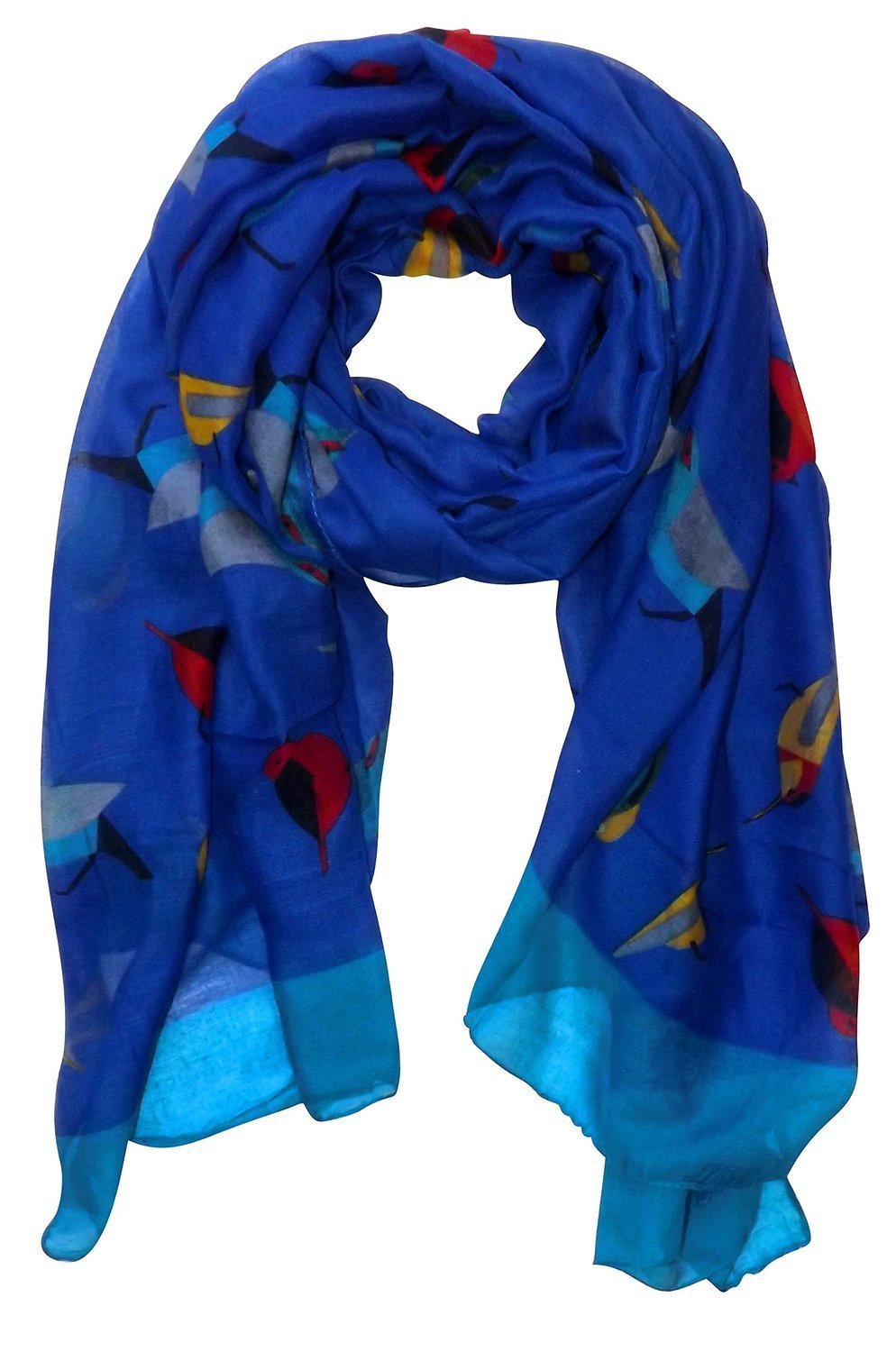 Lightweight royal blue scarf featuring a vintage-style graphic print of finch birds.