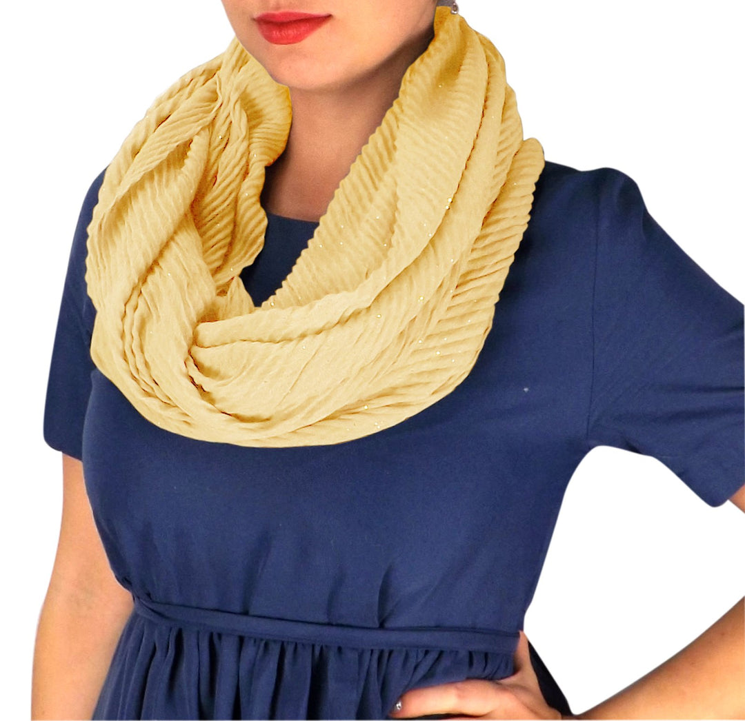 Peach Couture Sheer Sequin Striped Crinkled Pattern Infinity Loop Scarves Yellow