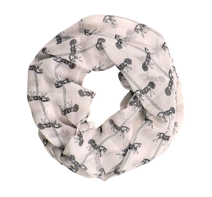 Vintage 1980s white infinity loop scarf featuring a black and brown mustang horse animal print pattern for women
