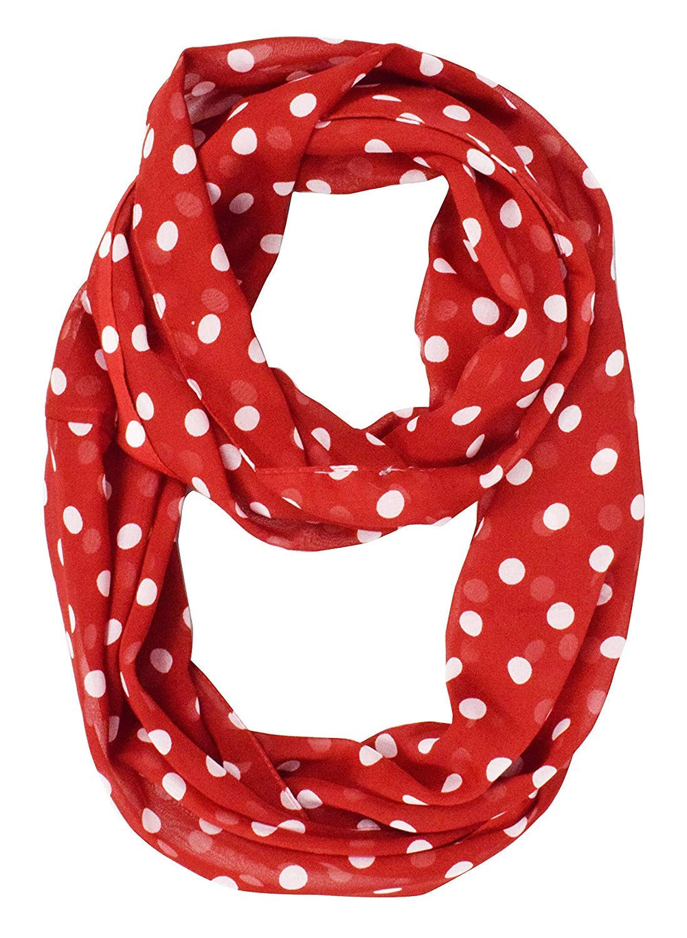 Light and sheer red infinity loop scarf featuring a white polka dot circle print for women.