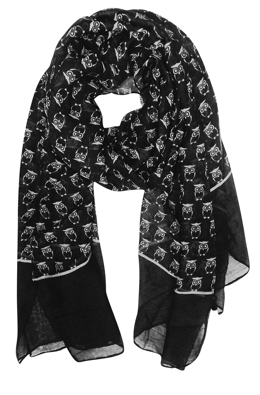 Soft lightweight animal owl print scarf shawl in black for women