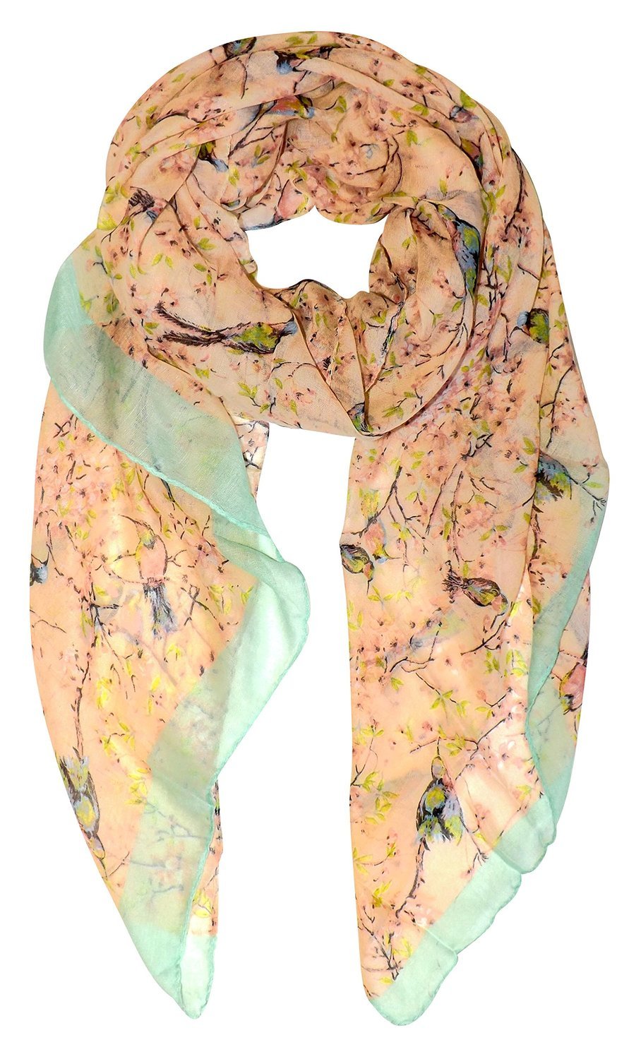 Lightweight orange sheer scarf featuring a vintage floral and bird print pattern for women