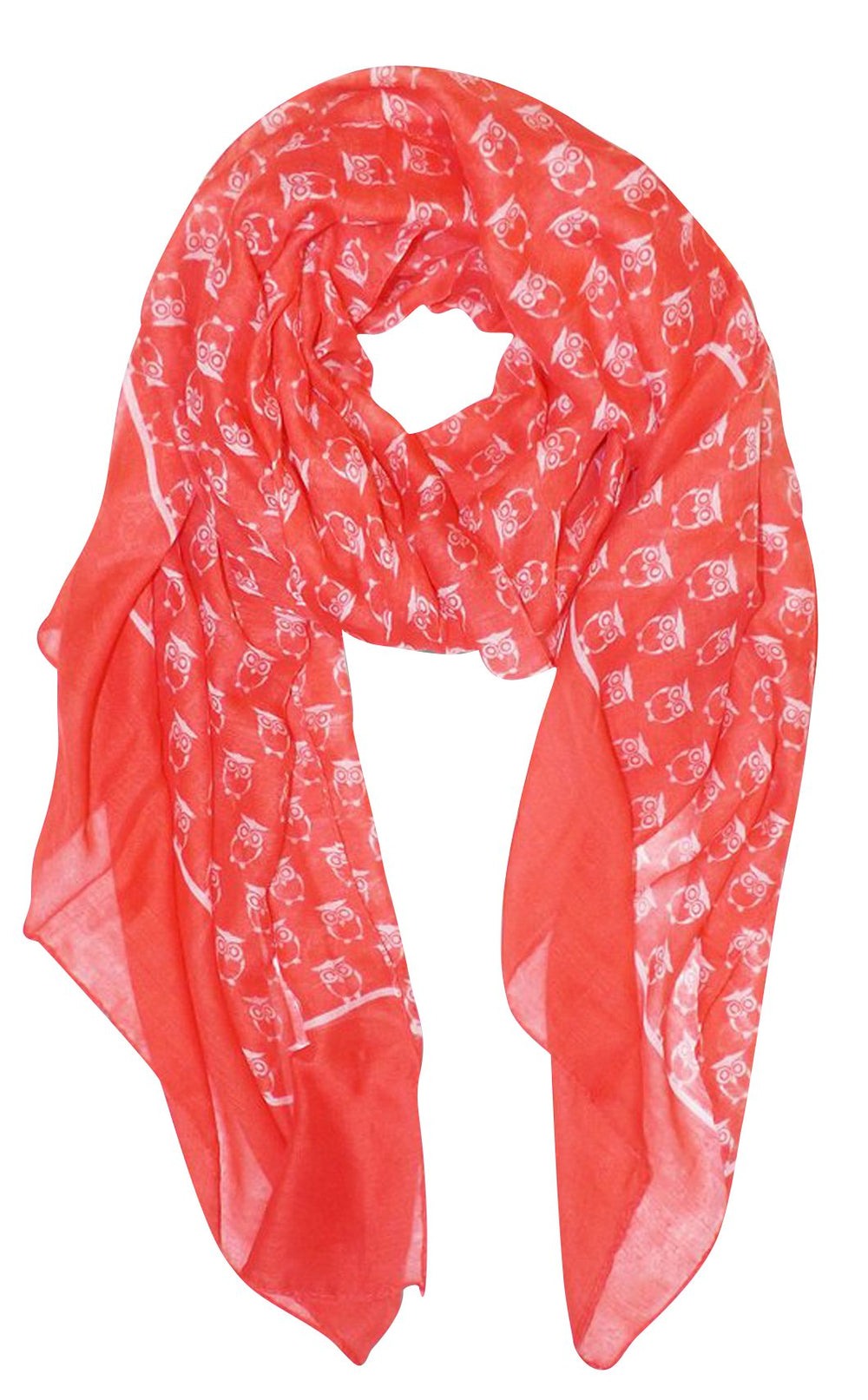 Lightweight coral pink fashion scarf featuring a repeating whimsical owl print pattern for women
