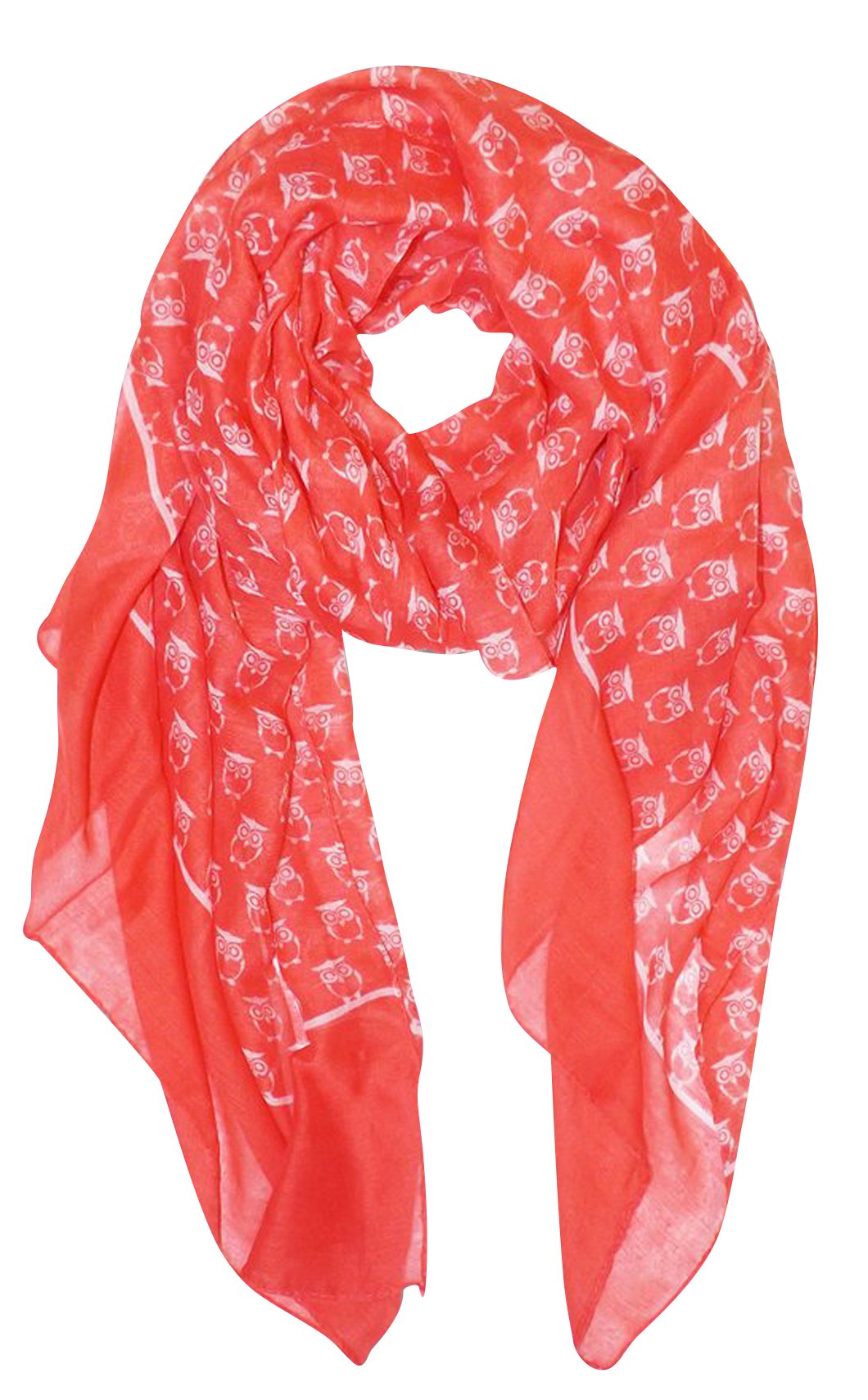 Lightweight coral pink fashion scarf featuring a repeating whimsical owl print pattern for women