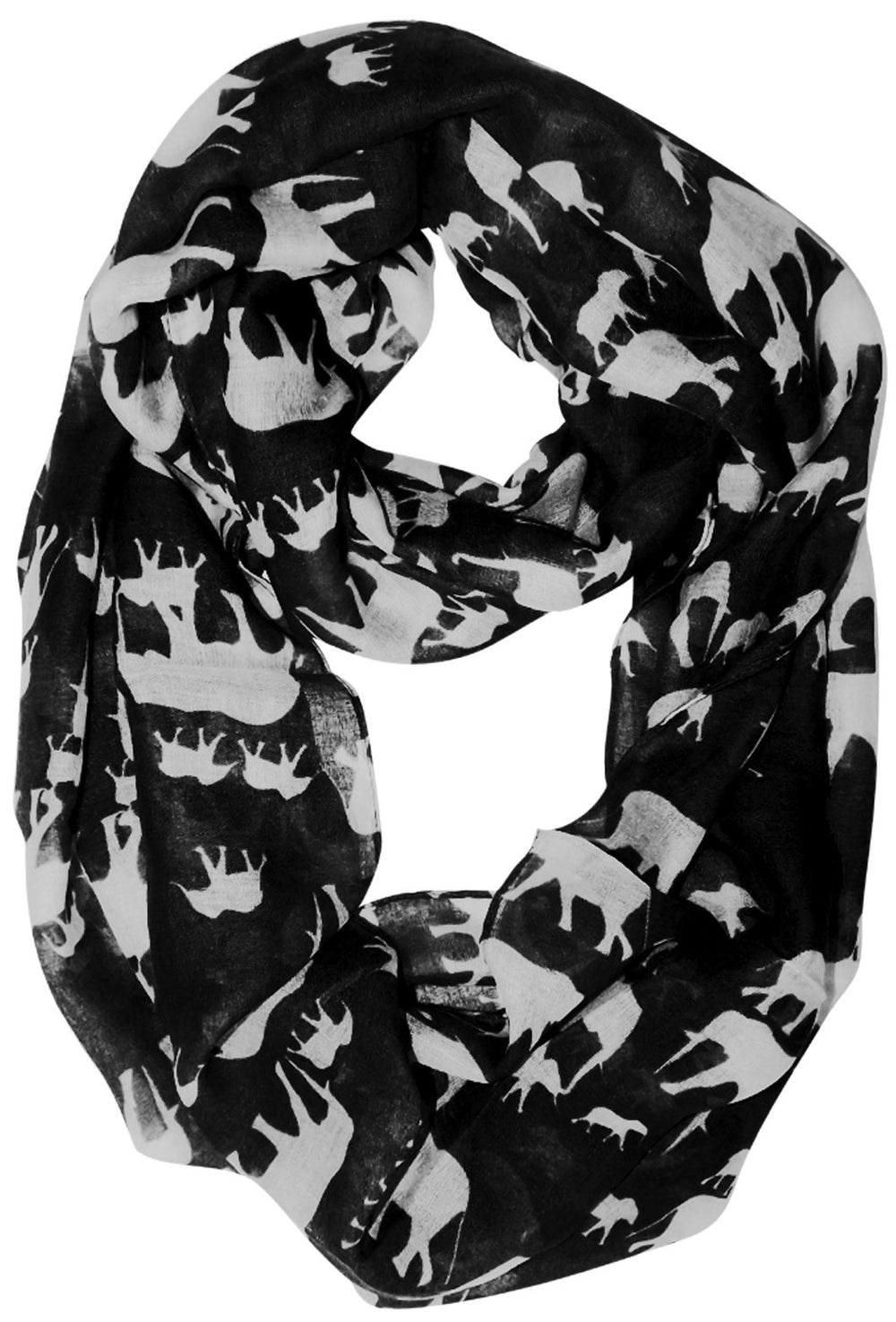 Lightweight black and white animal print infinity scarf with an artsy tribal elephant pattern for women