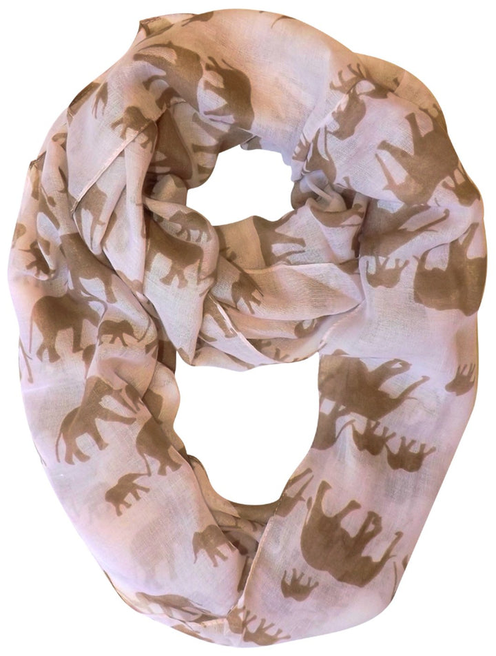 Light pink and beige infinity scarf featuring a cute artsy elephant and animal print pattern for women